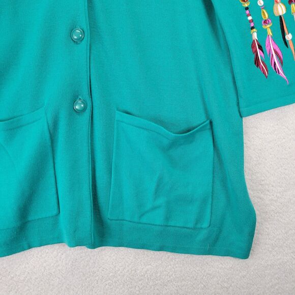 Bob Mackie Cardigan Womens Sweater 1X Green Embroidered Dream Catcher Button XL - Picture 5 of 11